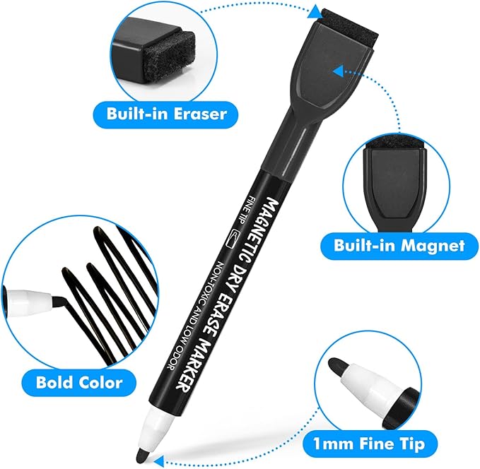maxtek Magnetic Black Dry Erase Markers, 12 Count Fine Tip Whiteboard Markers with Eraser, Thin Markers Low Odor for Classroom, Office, Home