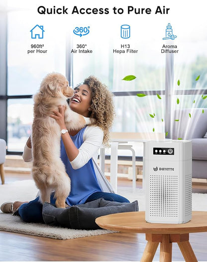 Air Purifiers for Bedroom, DAYETTE H13 True HEPA Air Filter Purifier for Small Room Up to 960 Ft², Qiuet Sleep Mode with Aroma Pad, Small Portable Air Purifier with USB Cable