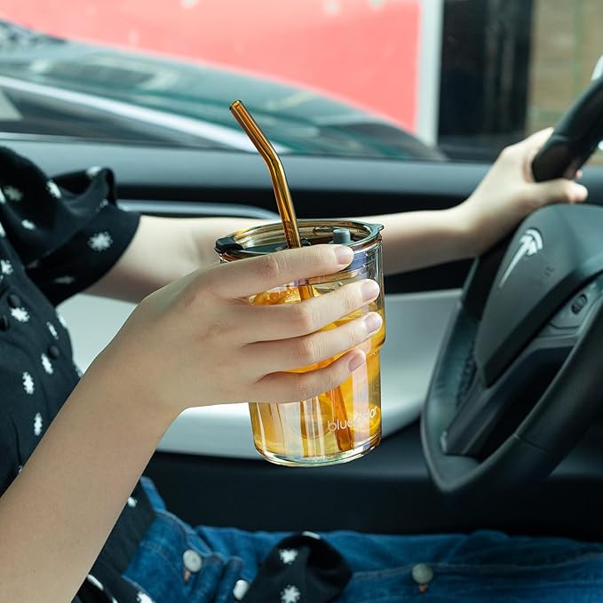 13oz/400ml Glass Water Tumbler with Straw and Lid Sealed Carry On Thick Wall Iced Coffee Cup Glass Cup for Water, Iced Tea Fruit Juice Etc (Amber)