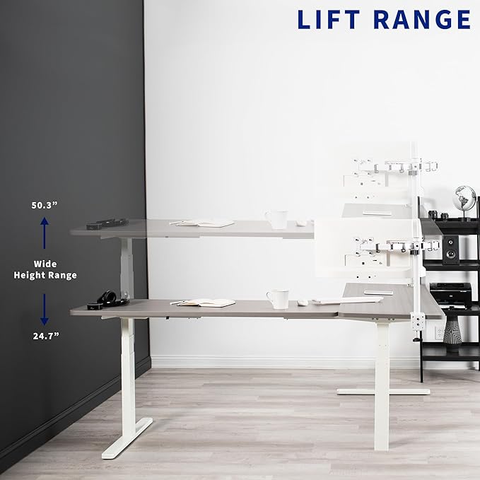 VIVO Electric Height Adjustable 83 x 60 inch Corner Stand Up Desk, 2 Dark Gray Solid Table Tops, White Frame, Memory Controller, L-Shaped Workstation, 3E Series, DESK-KIT-3E8WG