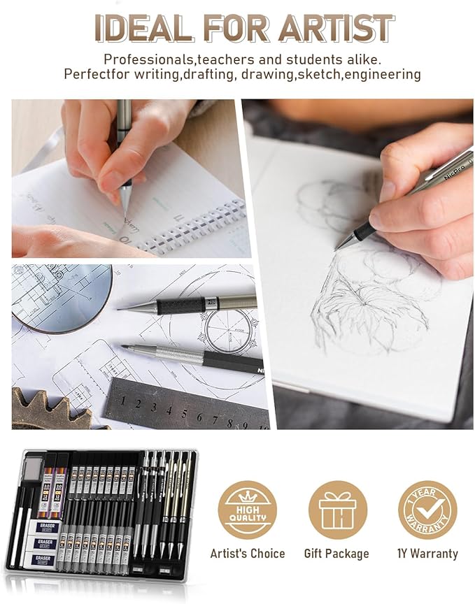 Nicpro 35PCS Art Mechanical Pencil Set, 3 PCS Metal Drafting Pencil 0.5 mm & 0.7 mm & 0.9 mm & 3 PCS 2mm Lead Holder (6B 4B 2B HB 2H 4H Colors) For Sketching Drawing With 20 Tube Lead Refills Case