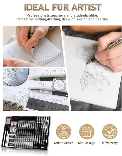 Nicpro 35PCS Art Mechanical Pencil Set, 3 PCS Metal Drafting Pencil 0.5 mm & 0.7 mm & 0.9 mm & 3 PCS 2mm Lead Holder (6B 4B 2B HB 2H 4H Colors) For Sketching Drawing With 20 Tube Lead Refills Case