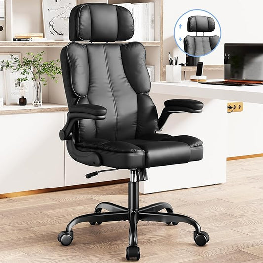 Executive Leather Office Chair, Computer Chair with Thick Cushion & Lumbar Support, Ergonomic Desk Chair with Adjustable Headrest & Armrests,Black