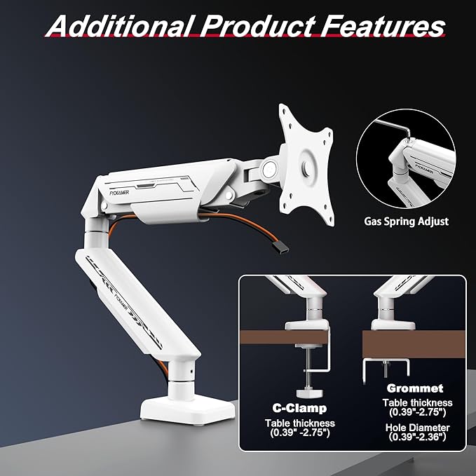 Monitor Arm, Gas Spring Monitor Stand for 17-35 Inch Screens up to 24.3 lbs, Adjustable Mount with C-Clamp & Grommet Base, Ergonomic Computer Monitor Mount (Single Arm White)