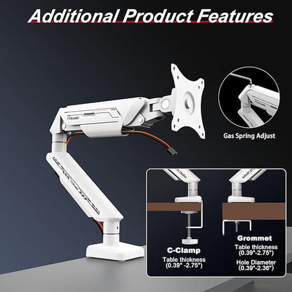 Monitor Arm, Gas Spring Monitor Stand for 17-35 Inch Screens up to 24.3 lbs, Adjustable Mount with C-Clamp & Grommet Base, Ergonomic Computer Monitor Mount (Single Arm White)