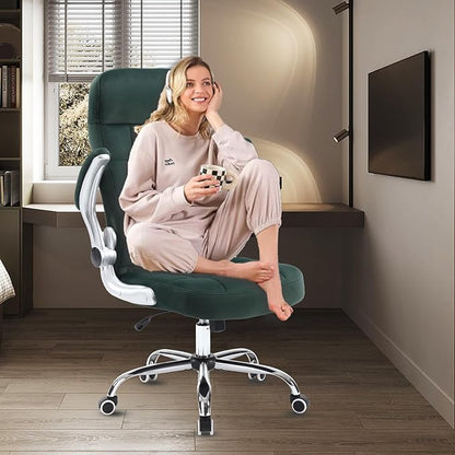 High Back Fabric Office Chair, Velvet Executive Desk Chair with Flip-Up Arms, Ergonomic Office Chairs with Lumbar Support, Upholstered Home Computer Swivel Chair with Wheels(Green)