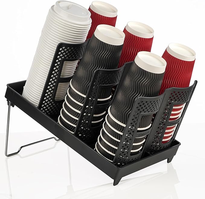 Paper Cup Dispenser, Cup and Lid Holder with 6 Slots, Disposable Coffee Cup Storage Organizer for Countertop, Office, Home, Breakroom, Restaurant, Coffee Station (Black)