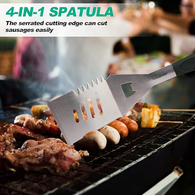 HAUSHOF Large Grill Accessories Heavy Duty BBQ Set Gifts for Men/Women - Premium Stainless Steel Spatula, Fork & Tongs, Barbecue Utensils Tool Kit Gift for Grilling Lover Outdoor (Color Box)