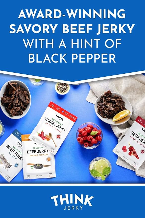 Think Jerky Classic Beef Jerky, Grass-Fed High Protein Beef, Gluten Free, No Antibiotics or Nitrates, Healthy Chef Crafted Recipe, Low Calorie and Low Fat - 1.0 oz Bags, 8 Pack