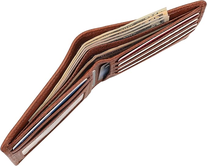 Genuine Leather Mens Bifold Wallet Slim RFID Blocking 5 Credit Card Slots 1 ID Window 2 Sections for Bills 2 Additional Slots | Tan