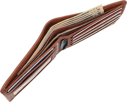 Genuine Leather Mens Bifold Wallet Slim RFID Blocking 5 Credit Card Slots 1 ID Window 2 Sections for Bills 2 Additional Slots | Tan