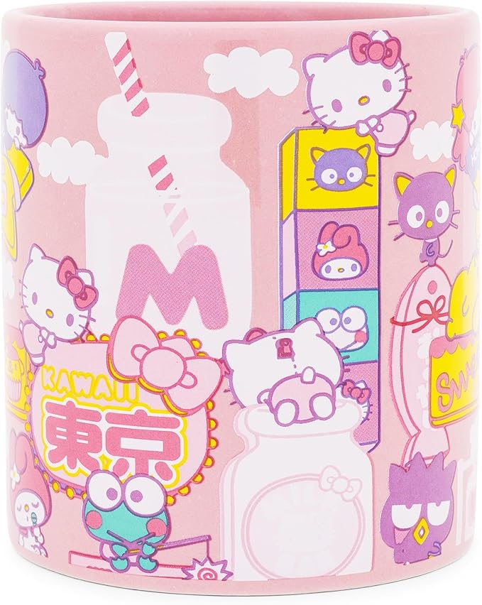 Silver Buffalo Sanrio Hello Kitty and Friends Kawaii Tokyo Theme Featuring Little Twin Stars, Chococat, My Melody, Keroppi, Badtz-Maru, and Pompompurin Ceramic Mug, 20 Ounces