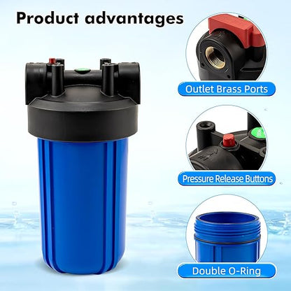 Whole House Water Filter Housing with PP Cotton Cartridge, Fits 10"x4.5" Sediment or Carbon Filters, Heavy-Duty Pre-Filtration System for Well or City Water, 1" NPT Port