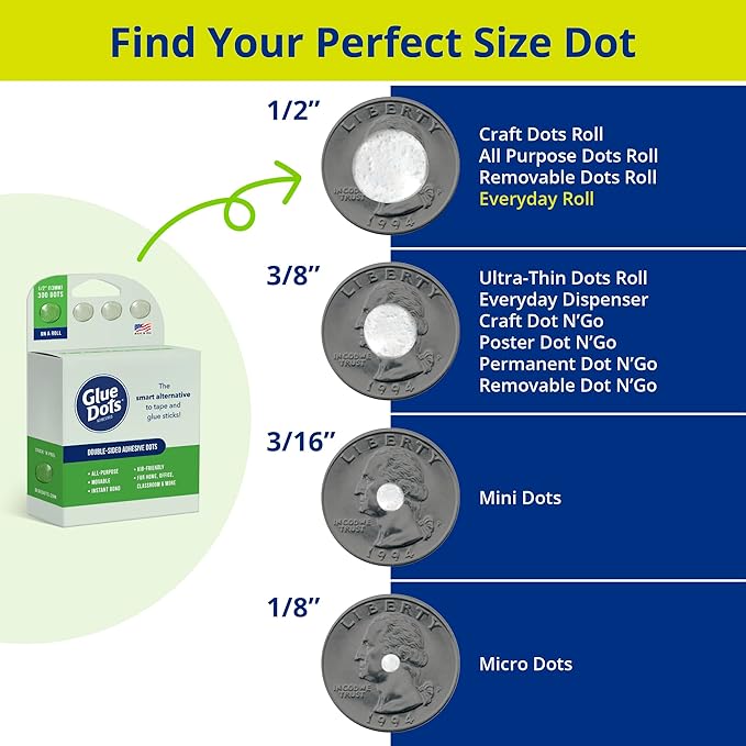 Glue Dots, Roll for everyday uses, ½”, .5 Inch, 300 Dots, Movable, Repositionable, Multi-Functional, Label Containers, Glue Stick and Tape Alternative, Clear