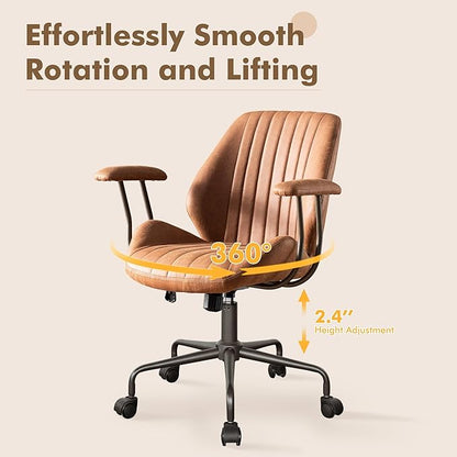 Mid Back Office Chair Mid Century Modern Executive Chair,Lumbar Support Ergonomic Home Office Desk Chair,Rolling Swivel Task Chair Task Chair Armrests Height Adjustable,350lbs (Brown)