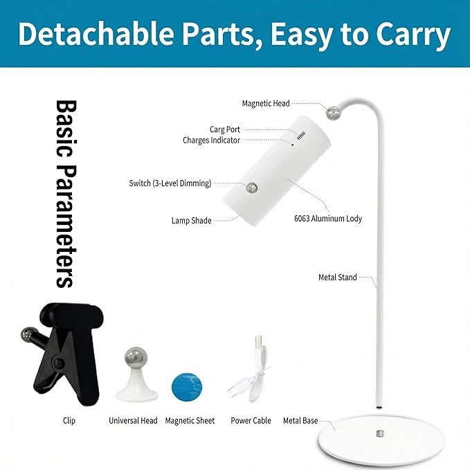 3-in-1 LED Desk Lamp with Magnetic Base, Touch Control, 360° Adjustable Arm, 3 Brightness Levels, Portable Clip-on Light for Reading, Study, Bedside