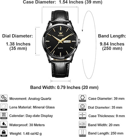 Men's Casual Leather Watch, Easy to Read Three-Hand Analog Stainless Steel Watches for Men, Minimalist Day Date Waterproof Luminous Mens Quartz Wristwatch