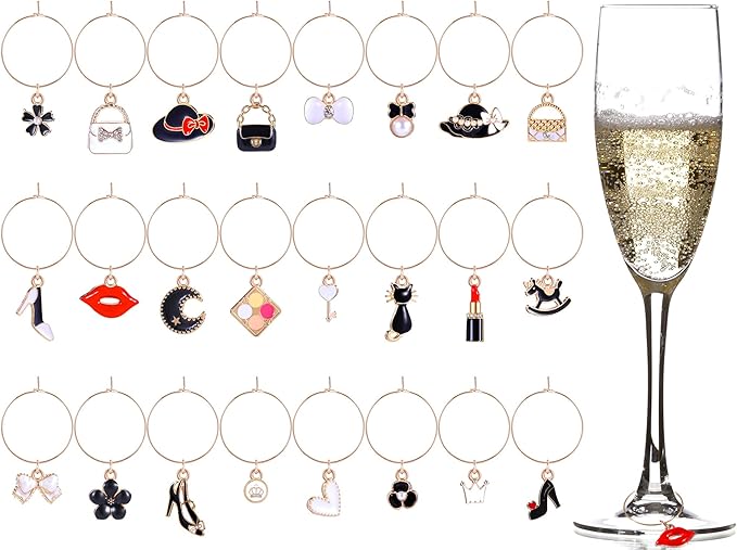Junkin 24 Pcs Wine Glass Charms Markers Tags for Stem Glasses Drink Markers Wine Charm Ring Identifier for Wedding Bachelorette Tasting Holiday Party Favor Decoration (Elegant Style)