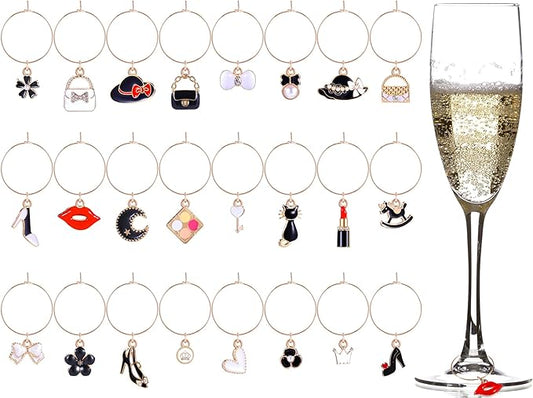 Junkin 24 Pcs Wine Glass Charms Markers Tags for Stem Glasses Drink Markers Wine Charm Ring Identifier for Wedding Bachelorette Tasting Holiday Party Favor Decoration (Elegant Style)