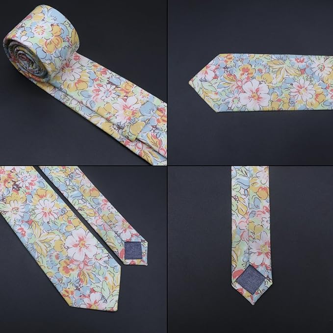 Cotton Floral Ties for Men 2.76" Men's Skinny Tie Linen Flower Printed Neck Tie for Wedding Dating Party