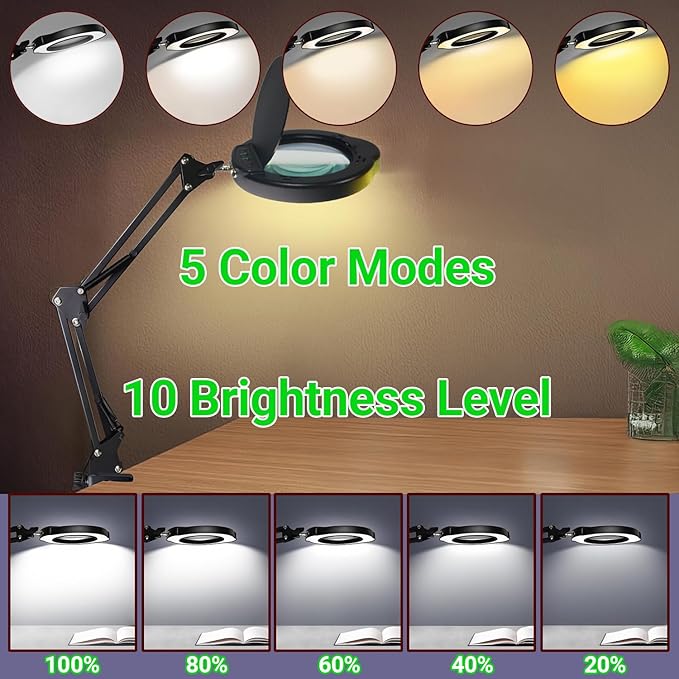 15X Magnifying Glass with Light and Clamp, 5 Color Modes 10 Levels Adjustable Brightness, 2-in-1 Desk Lamp with Clamp, Hands Free Magnifier with Dust Cover for Craft Hobby Reading Repair Close Works