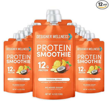 Designer Wellness Protein Smoothie, Real Fruit, 12g Protein, Low Carb, Zero Added Sugar, Gluten-Free, Non-GMO, No Artificial Colors or Flavors, Tropical, 12 Count