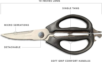 Kitchen Scissors: Heavy Duty Stainless Steel Utility Kitchen Shears for Poultry, Vegetables, Meat, Seafood, Herbs | Multi-Function Cooking Scissors with Large Black Soft Grip Handles by Cestari