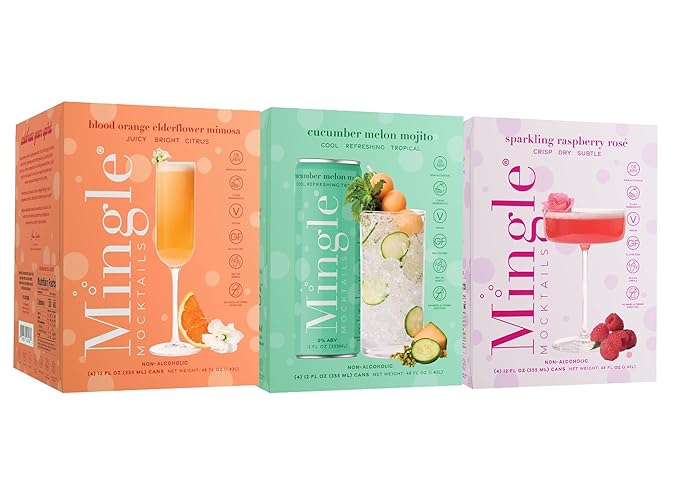 Mingle Mocktails Variety Pack, Premium Non-Alcoholic Drinks, Cucumber Melon Mojito, Blood Orange Mimosa, Raspberry Rose, Zesty Pre-Mixed Drinks, Canned Mocktails, 12 fl. oz. Cans, Pack of 12