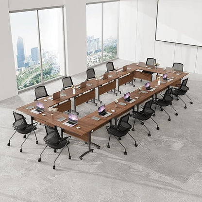 Folding Conference Room Table, Modern Conference Tables with Wheels, Large Rectangular Mobile Training Tables for Office Classroom, Foldable Modular Boardroom Seminar Table（8PCS,47in）
