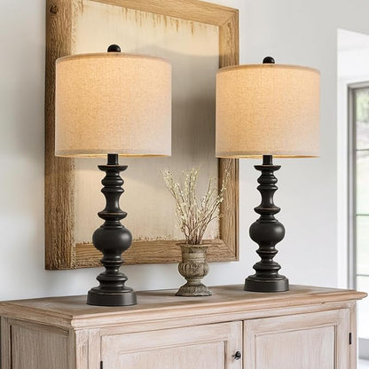 BOBOMOMO 24" Traditional Farmhouse Table Lamp Set of 2, Vintage Resin Lamps for Living Room Bedroom, Rustic Nightstand Lamp with Linen Shades, Retro Black Table Lamps for Living Room, Bedroom, Office