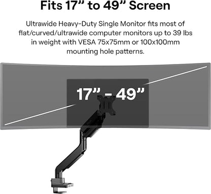 Pixio PS2S Ultrawide Heavy-Duty Premium Single Monitor Arm Stand Desk Mount - Fits up to 49 inches Monitors, Weights up to 39lbs Flat / 31lbs Curved, Compatible with VESA 75x75mm 100x100mm