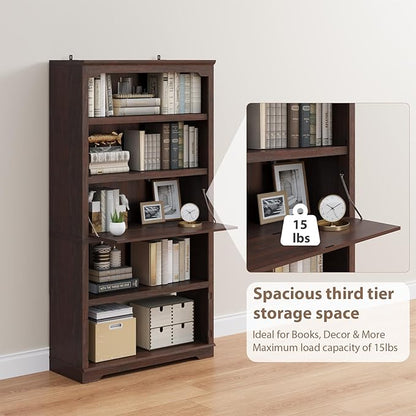 HIFYOBRO 71" Tall Bookcase, 5-Tier Open Display Storage Shelf, 37 inch Wide Freestanding Bookshelves with Flip-Down Door on 3rd Book Shelf for Home, Office, Library, 37" W * 11" D * 71" H (Cherry)