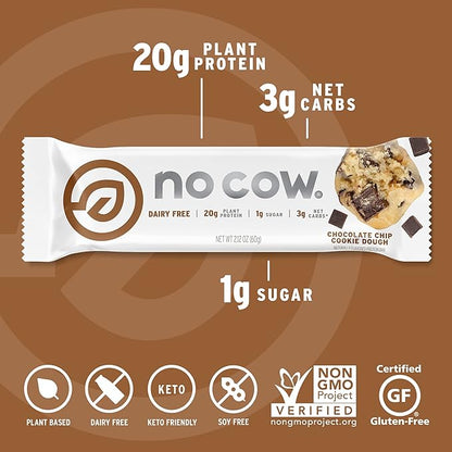 No Cow Vegan Protein Bars, Upgraded Chocolate Chip Cookie Dough | 20g Plant Based Protein, Gluten Free, Dairy Free, Soy Free, Keto Friendly, Low Sugar, High Fiber Snack Bars | Pack of 12