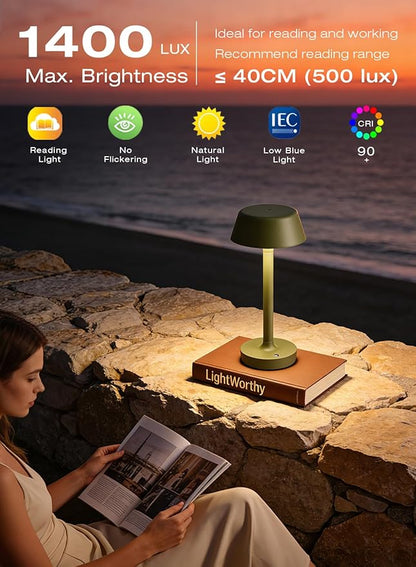 Cordless Rechargeable Table Lamp with Power Charger,Portable LED Desk Lamp,5000mAh Battery Operated,2700K-5700K Tunable,Stepless Dimming for Bedroom Bedside Touch Night Light,Green