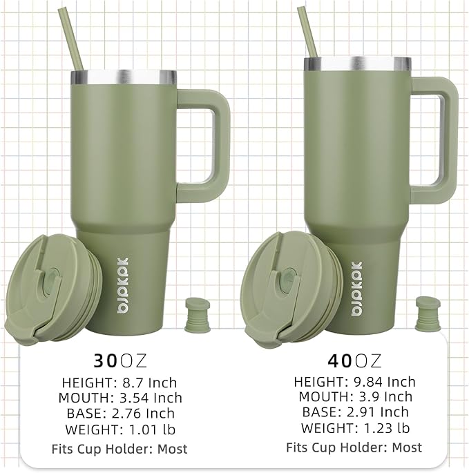 BJPKPK 30 oz Stainless Steel Tumbler With Handle Insulated Tumblers With 2 Straw Travel Coffee Mug With Lid,Sage