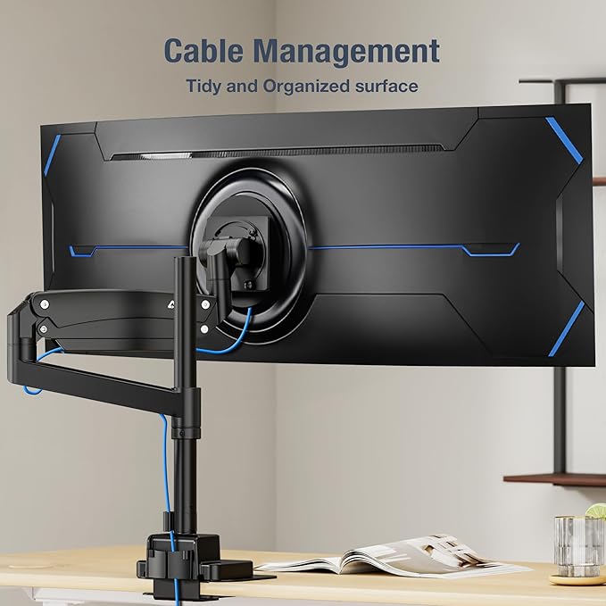 AVLT Single 57 Inch Heavy Duty Monitor Arm Pole Top Mount with USB-C USB-A Ports-Black, Height Adjustable, Easy Install Top C-Clamp/Grommet with Reinforcement Plates, VESA Compatible 200/100/75