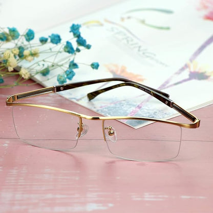 LifeArt Alloy Semi-Rimless Reading Glasses,Blue Light Blocking Glasses, Anti Eyestrain, Computer Gaming Glasses, TV Glasses for Men, Anti Glare (Golden, +2.50 Magnification)