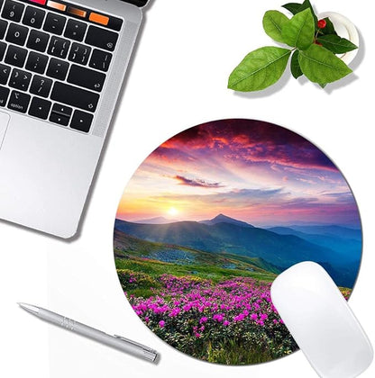 Nature Purple Flowers Meadow Mountain Scenic Mouse Pad Round Non-Slip Rubber Mousepad Laptop Office Computer Decor Cute Desk Accessories Customized Design Mouse Pad