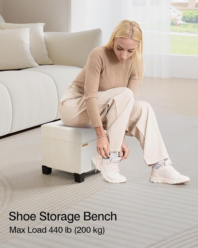 Cube Storage Ottoman, Velvet Foot Stool with Feet, Folding Storage Bench, End of Bed Bench, Storage Chest, for Living Room, Bedroom, 12.6 x 15.8 x 13.2 Inches, Cream White, ASND21W
