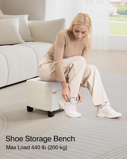 Cube Storage Ottoman, Velvet Foot Stool with Feet, Folding Storage Bench, End of Bed Bench, Storage Chest, for Living Room, Bedroom, 12.6 x 15.8 x 13.2 Inches, Cream White, ASND21W