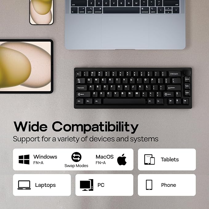 EPOMAKER P65 QMK/VIA Wireless Aluminum Gaming Keyboard, Gasket-Mount, Bluetooth/2.4Ghz/USB(A to C), Hot Swappable, N-Key Rollover, for Mac/PC/PS/Xbox (Black, Wisteria Linear Switch)