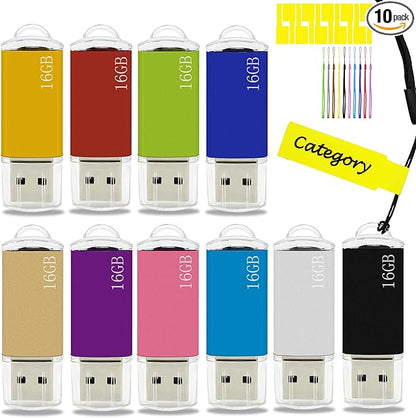 16GB FAT32 USB Flash Drive 10 Pack Nicepicten USB 2.0 Thumb Drives Metal Jump Zip Drive Memory Stick Pendrive Memoria USB 16 GB with 10PCS Lanyard Label - Mixcolor 10 X 16GB Flash Drives