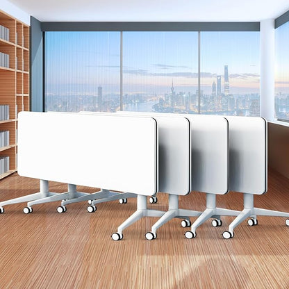 Folding Conference Table,Movable Conference Room Table with Wheels,White Wood Rectangular Conference Table with Modern Business Style,Modular Meeting Training Tables for Office Classroom(4,61'')