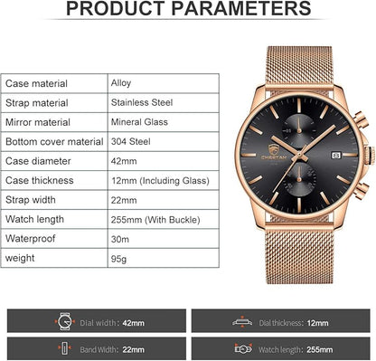 GOLDEN HOUR Mens Watch Fashion Sleek Minimalist Quartz Analog Mesh Stainless Steel Waterproof Chronograph Watches for Men with Auto Date