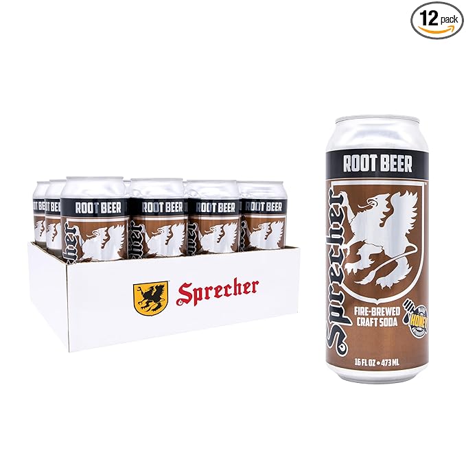 Sprecher Root Beer, Fire-Brewed Gourmet Craft Soda with Real Honey, Caffeine Free, Gluten Free, 16 fl oz Cans (12 Pack)