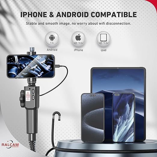 Two-Way Articulating Borescope for Smartphone&iPhone, Ralcam 8.5mm/0.33inch Endoscope Camera with Light, HD 1080P Inspection Camera Automotive Tool