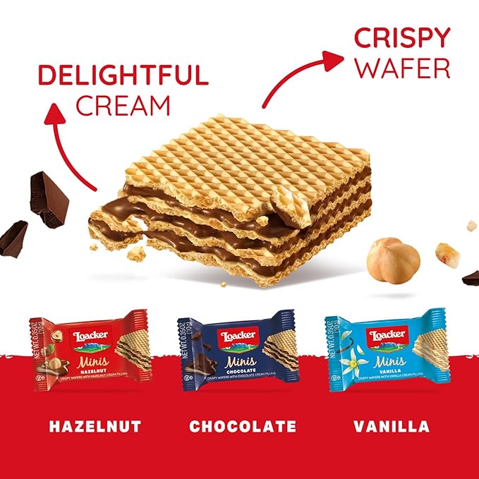 Loacker Minis Wafer Variety Pack - 30% Less Sugar - Premium Assorted Cream Filled Wafer Cookies - Mix of Hazelnut, Chocolate and Vanilla Crispy Wafers - NON-GMO - Sustainably - Pouch (x2) 0.35oz, 80 Individually Wrapped Snack Packs