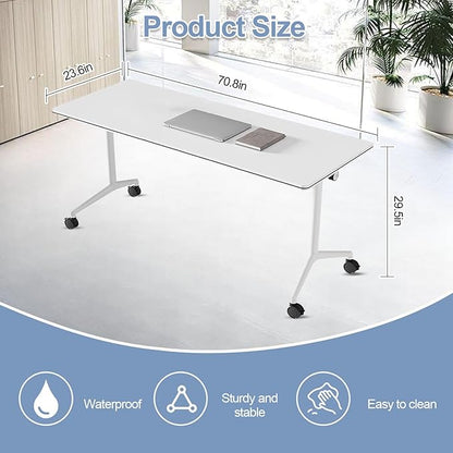 Conference Table, Foldable Conference Room Tables with Silent Wheels, Folding Modular Seminar Meeting Tables, Modern Rectangle Training Table for Office, Boardroom (6, White, 70.8)