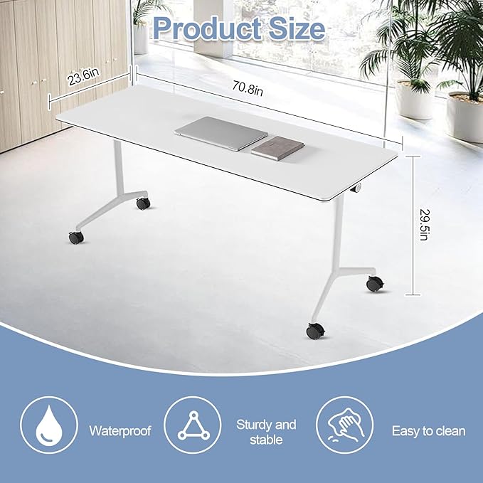 Conference Table, Foldable Conference Room Tables with Silent Wheels, Folding Modular Seminar Meeting Tables, Modern Rectangle Training Table for Office, Boardroom (4, White, 70.8)