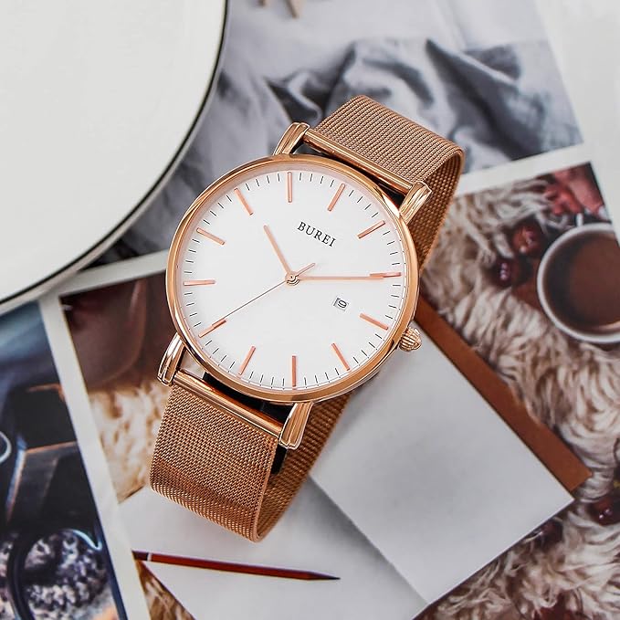 BUREI Men Watches Brown Leather Fashion Minimalist Wrist Watch Simple Ultra Thin Waterproof Quartz Watches All Black Stainless Steel Mesh Band,Gift for Men Women